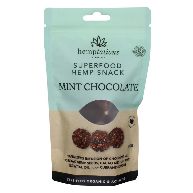 Hemptations Mint Chocolate 80g front | Superfood Hemp Snack | 2die4livefoods
